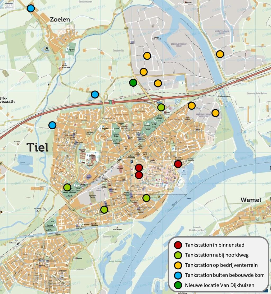 Figuur 4: huidige locaties van tankstations binnen Tiel Het kaartbeeld van figuur 4 laat de spreiding van tankstations over het stedelijk gebied van Tiel zien.