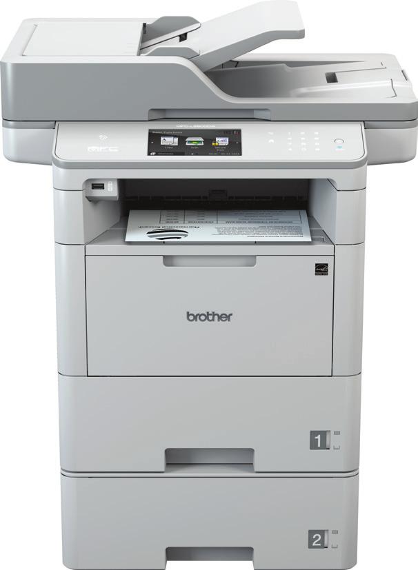 L6000 multifunctionele printers DCP-L6600DW Afdrukken, scannen en kopiëren Afdruksnelheden tot 46 ppm Papieruitvoer 250 vellen ADF 80 vellen dubbelzijdig Touchscreen van 12,3 cm Toners voor 12.