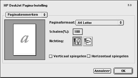 2 De printersoftware gebruiken Pagina-instelling en lay-out van pagina bepalen In het dialoogvenster HP DeskJet pagina-instelling kunt u papierformaat, schaal, afdrukrichting, enzovoort instellen.