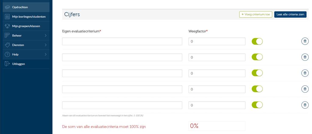 Daarnaast kun je ook nog 30 eigen beoordelingscriteria toevoegen.
