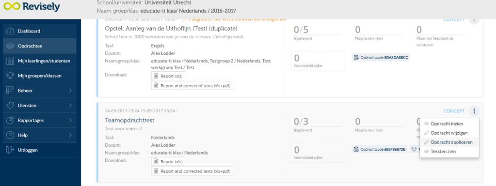 Het is ook mogelijk om studenten nog extra herinneringen te sturen. Dit doe je door bij een gepubliceerde opdracht op herinner allen te klikken (zie afbeelding hieronder). 5.