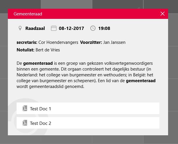 Als u in de kalender klikt op een evenement zonder agenda, opent er een pop-up met