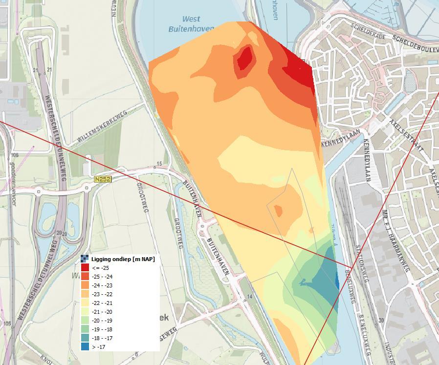 - 10-4.2.2 Diepteligging negatieve U2 hoge traject De diepteligging van de piek (niveau laagste waarde) in de negatieve U2 waarden in het hoge traject (-12/-32 [m NAP] is opgenomen in figuur 4.4. Deze piek daalt van zuid naar noord.
