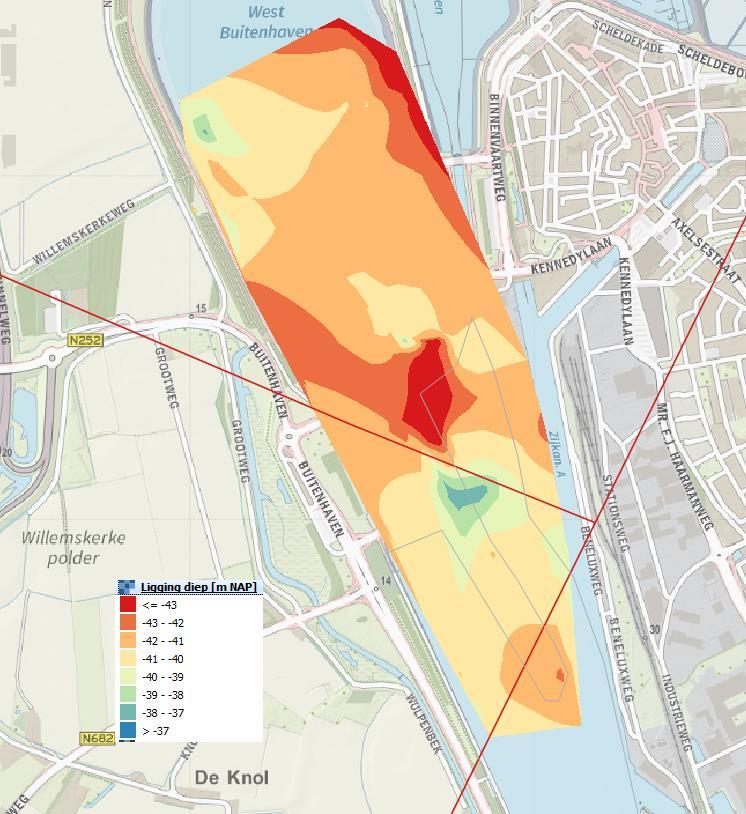 - 12-4.2.4 Diepteligging negatieve U2 lage traject De diepteligging van de piek in de negatieve U2 waarden in het lage traject zijn opgenomen in figuur 4.6. Deze piek daalt van zuid naar noord.