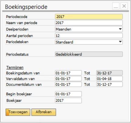 Vul in het scherm Boekingsperiode de periodecode, naam van de periode en de deelperioden in. Bij deelperioden kan worden gekozen uit jaar, kwartaal, maand of dag.