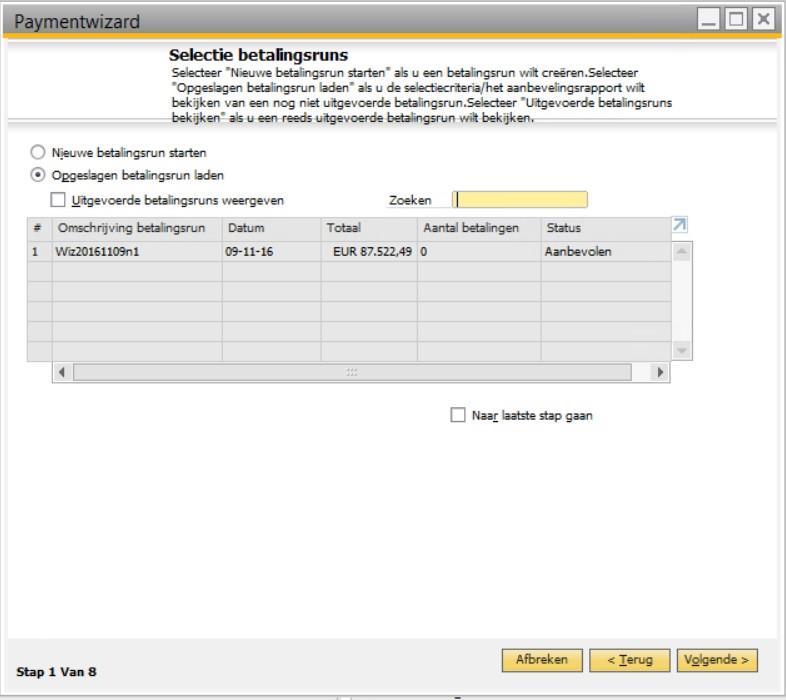 1.4 Controleren openstaande betalingsruns Via de betaalwizard kan worden achterhaald of er nog opgeslagen betalingsruns zijn die uitgevoerd hadden moeten worden en de status Aanbevolen hebben.