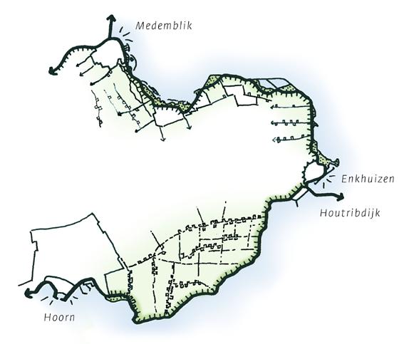 Medemblik-Enkhuizen: fijnmazig landschap voorland IJsselmeer Vanaf de Westfriese Omringdijk zijn de verschillende landschappen en