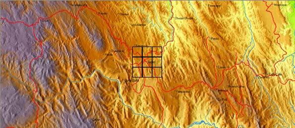 Klik op Kaart om de landkaart te zien, waarop het vierkant met 9 vlakken is