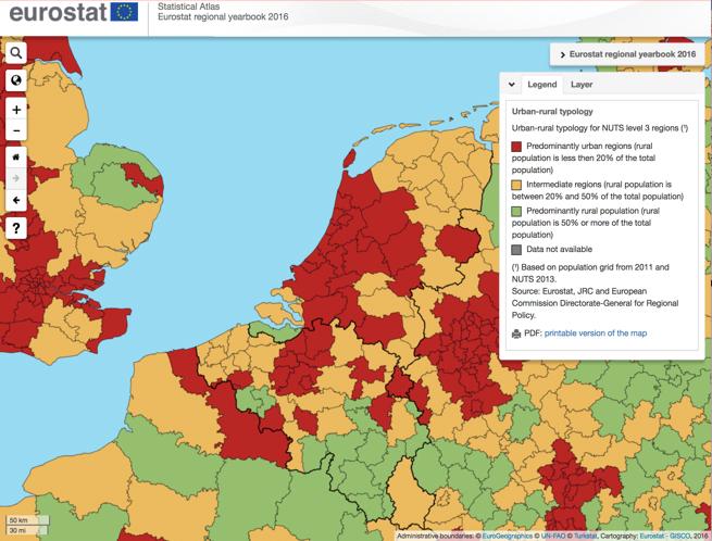 Afbeelding 2 Regiotypering stad-platteland (Bron: Eurostat) Zeeuws-Vlaanderen heeft ook geen stedelijk centrum. De definitie van een stedelijk centrum is dat in een aaneengesloten gebied tenminste 50.