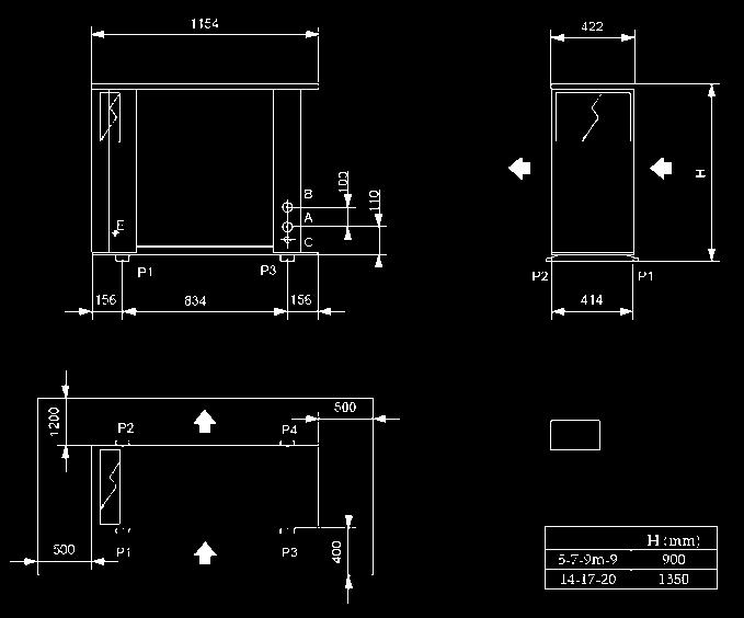 Dimensionale tekening - Dimensional drawings PICO R 5-20 - Vrije opstelling - Clearance Type A : vloeistofuittrede 1 - liquid outlet 1" B : vloeistofintrede 1 - liquid inlet 1" C : aansluiting vullen