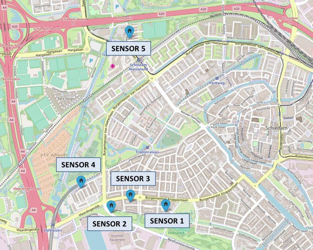 Locatie van de sensoren Vier van de vijf sensoren zijn neergezet bij burgers in het zuidwesten van Schiedam, vlakbij het havengebied.
