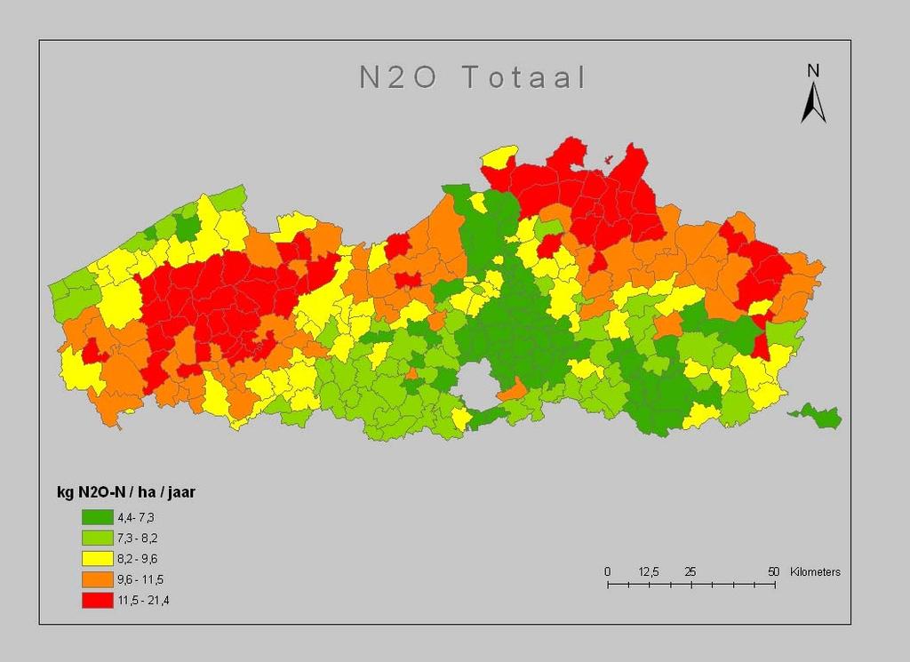 Achtergronddocument Klimaatverandering Figuur 24: N 2 O-emissie uit de landbouw per gemeente (Vlaanderen, 1990) Bron: METAGE eindrapport 2005 Recent werd door Beheydt et al.