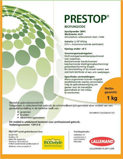 Prestop Prestop is een biologisch fungicide met toelating als schimmelbestrijdingsmiddel in de bedekte teelt van: a. Groenten b.