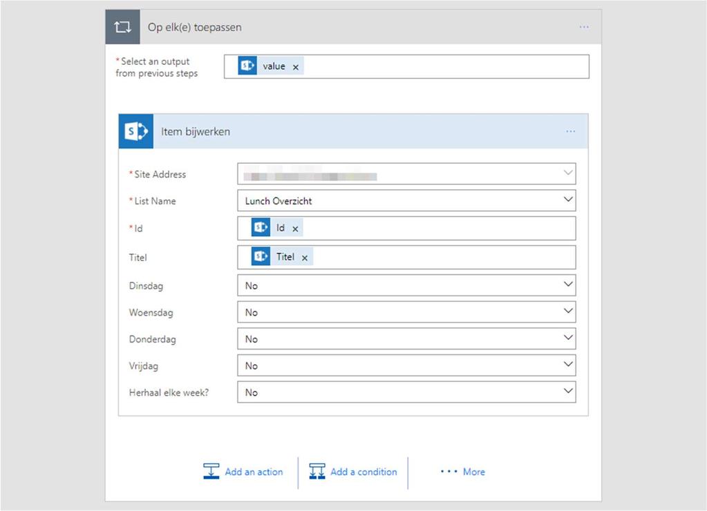 Figuur 13: Bewerken van alle SharePoint lijst items Bij het doorlopen van de items zouden ook nog additionele acties uitgevoerd kunnen worden;