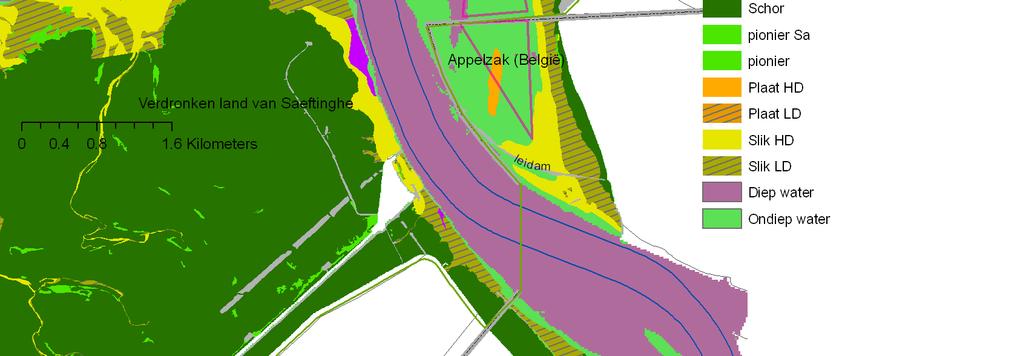 spuigemaal en ten oosten van de leidam ligt een gebied dat vooral uit hoogdynamisch diep en ondiep water bestaat.