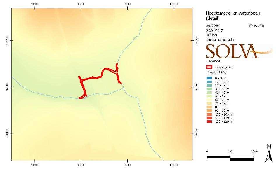 Figuur 19: Detail hoogtekaart met aanduiding omliggende waterlopen (Agentschap voor Geografische