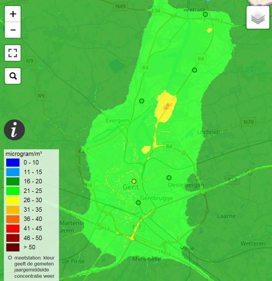 Figuur 11: Gemodelleerde waarde van de jaargemiddelde PM10-concentratie in 2016 voor het plangebied (bron vmm.be) Figuur 11 vertoont relatief weinig variatie.