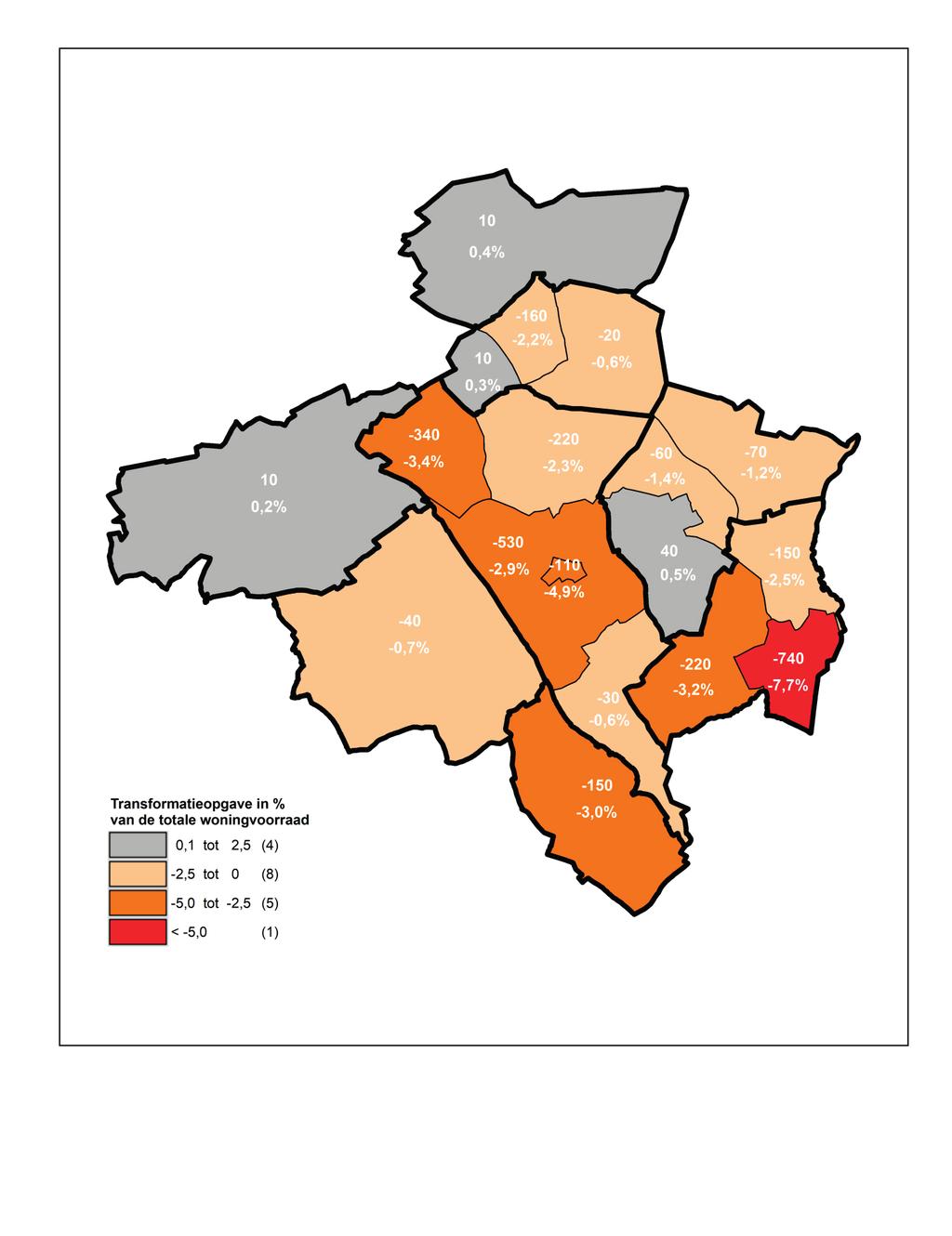 In de bovenstaande kaart is de transformatieopgave in de periode 2017-2020 in de regio Parkstad Limburg per stadsdeel weergegeven; enerzijds als percentage ten opzichte van de huidige woningvoorraad