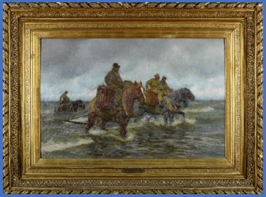 Op dit schilderij zie je paarden. De paarden lopen in zee.