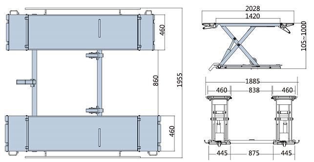 Minimale hoogte opbouw : 105 mm. Lengte platforms : 1.420 / 2.028 mm.