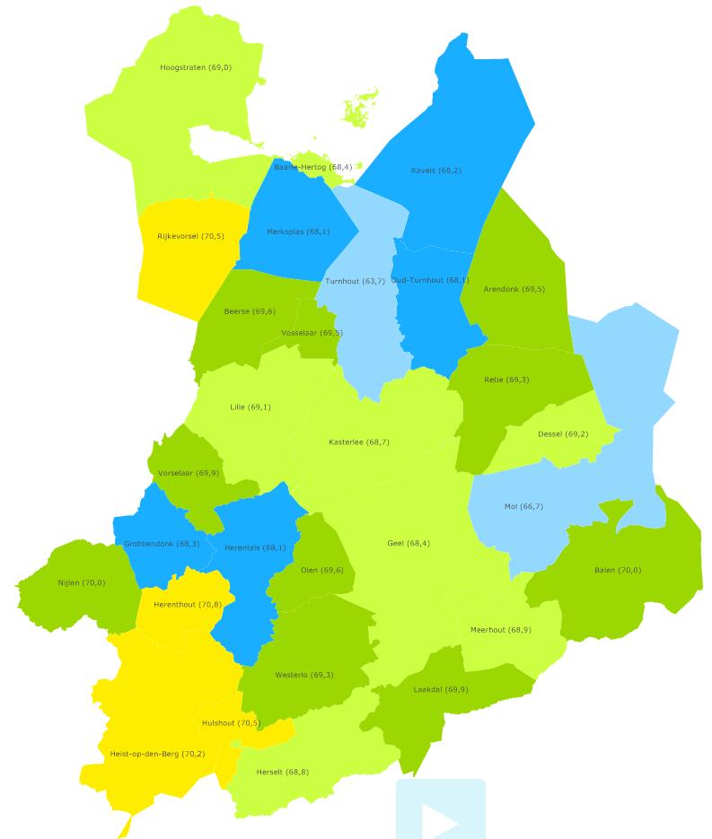 Op onderstaande kaart vindt u de werkzaamheidsgraad van de Kempense gemeenten in 2016. De gemeente Mol scoort met een werkzaamheidsgraad van 66,7% bij de minst sterke gemeenten in de regio.