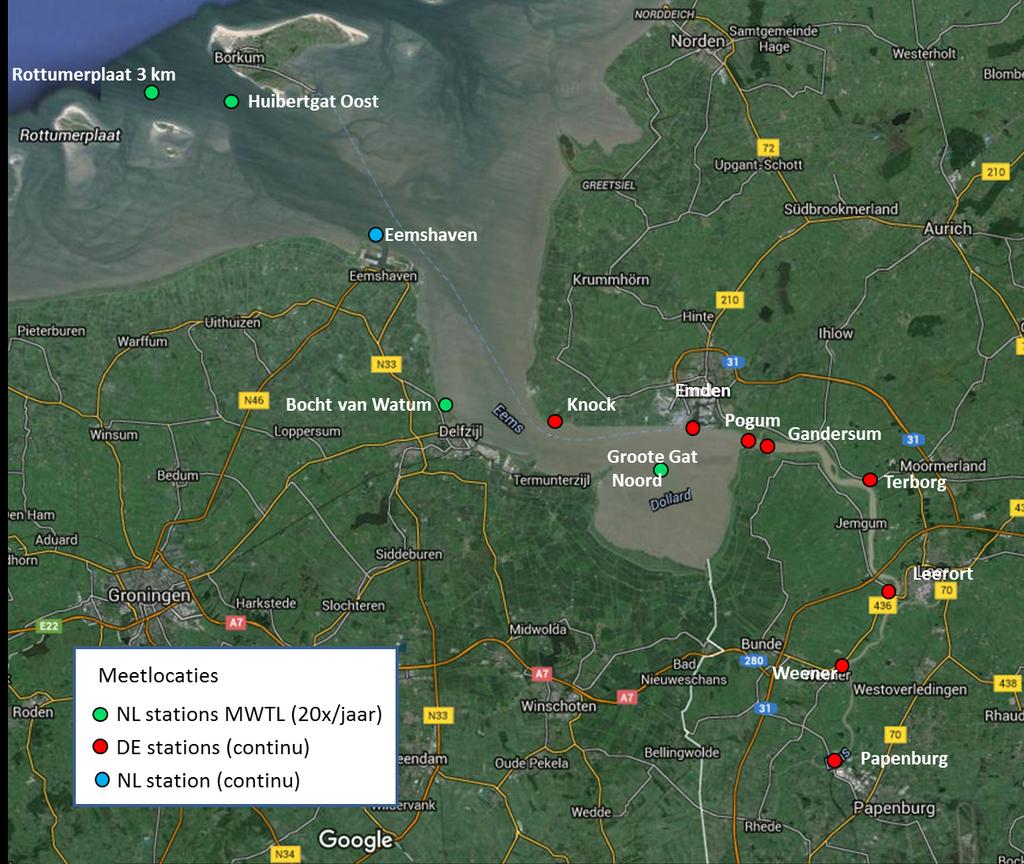 Figuur 6.1: Overzicht meetlocaties Nederland en Duitsland In Duitsland wordt op 8 vaste meetpunten continu gemonitord. In Nederland bevindt zich bij Eemshaven één meetpaal.