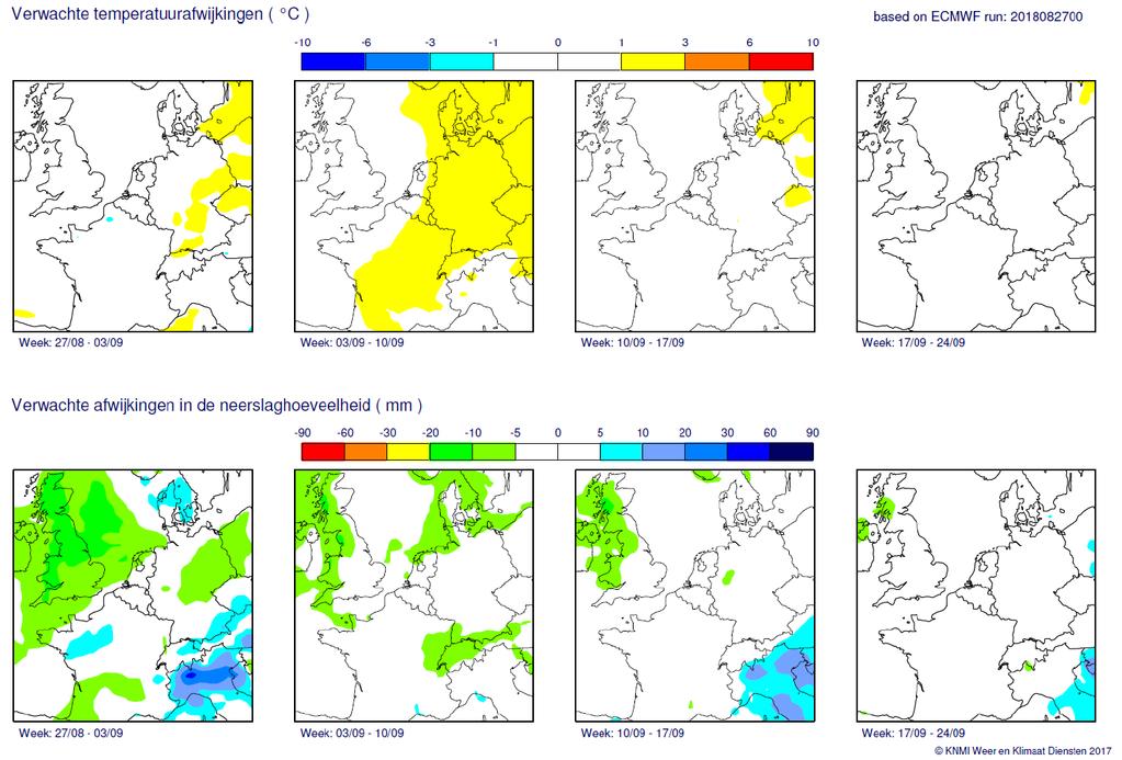 4f. Verdere vooruitzichten: maandverwachting droogte in stroomgebieden Maas en Rijn Ontleend aan droogtemonitor 20180906 van RWS/LCW Neerslagverwachting geldig van 13-09-2018 tot en met 20-09-2018: