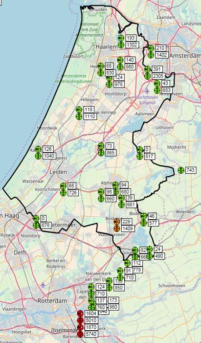 Totaalbeeld 14-09-2018: Verklaring: Bij elk meetpunt staan 2 getallen. - Chloride (in mg/l) is het bovenste getal (berekend uit de EC). - De EC (in us/cm) is het onderste getal.