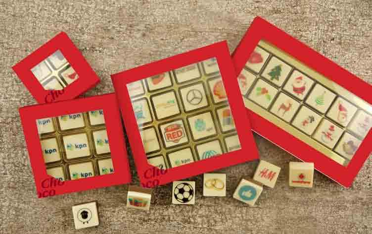 CHOCO IMAGE Assortiment Giftbox LogoBlokjes, LogoPralines of thema pralines Communiceer je logo op chocolade en maak er meteen een pakkend en imponerend geschenk van.