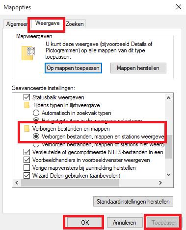 Open de verkenner (snel te bereiken via de Windows + E sneltoetsencombinatie). Ga naar Beeld-> Opties-> Map- en zoekopties wijzigen. In het venster dat verschijnt open je het tabblad Weergave.