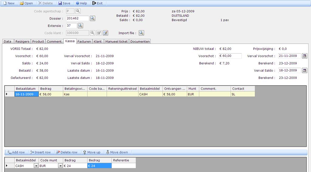 SwingTravel-verkoop Agenda - rapporten Tabblad Kassa : Klik op add row om een kassabewerking toe te voegen. Velden Betaalmiddel en Bedrag zijn verplichte velden!