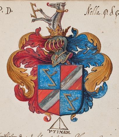 P25 fol 002r Nicolaas van Egmond, s.l. 1610. In goud vijf rode kepers.