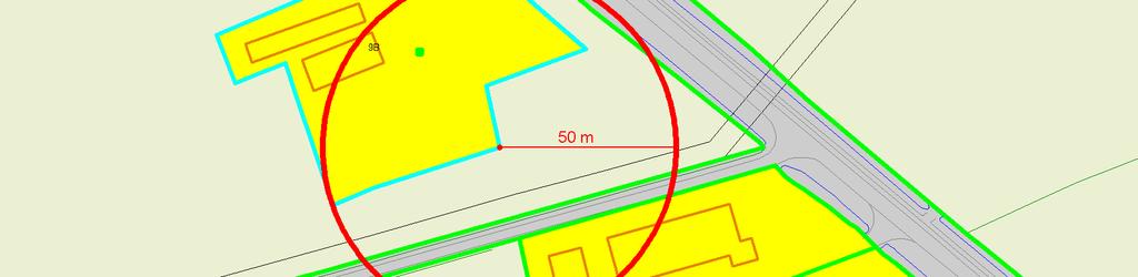 Afbeelding: 50 meter contour ten opzichte van hoek van het bouwvlak van Krommesteeg 11 De geplande nieuwe woning zit buiten de genoemde afstand van 50 meter.