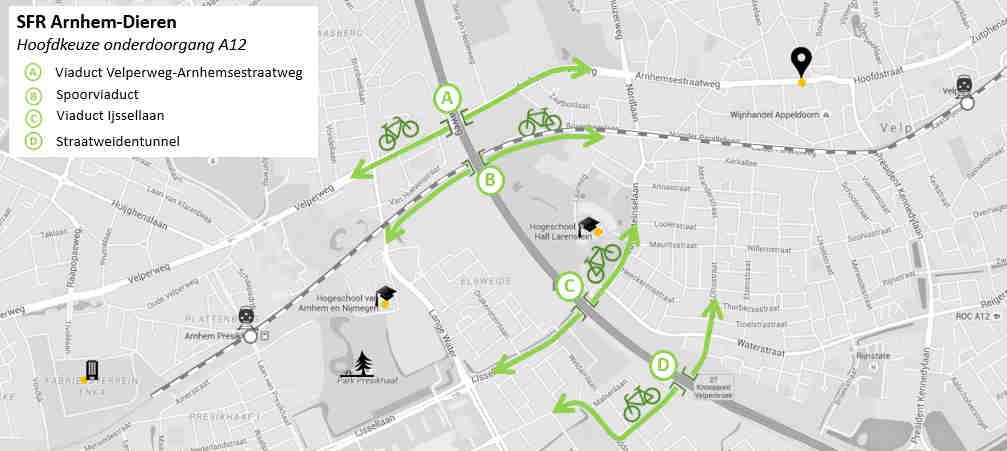 3.3 Keuze onderdoorgang A12 Een kruising met de A12 is sterk bepalend in de uiteindelijke ligging van het snelfietsroutetracé. Ten aanzien van de onderdoorgang A12 zijn vier hoofdkeuzes te maken: a.