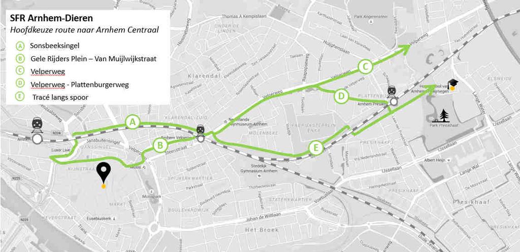 3.4 Route van en naar Arnhem Centraal Het noordelijk deel van de vork maakt de verbinding met station Arnhem Centraal. In de basis zijn vijf tracés onderzocht: a. Sonsbeeksingel; b.