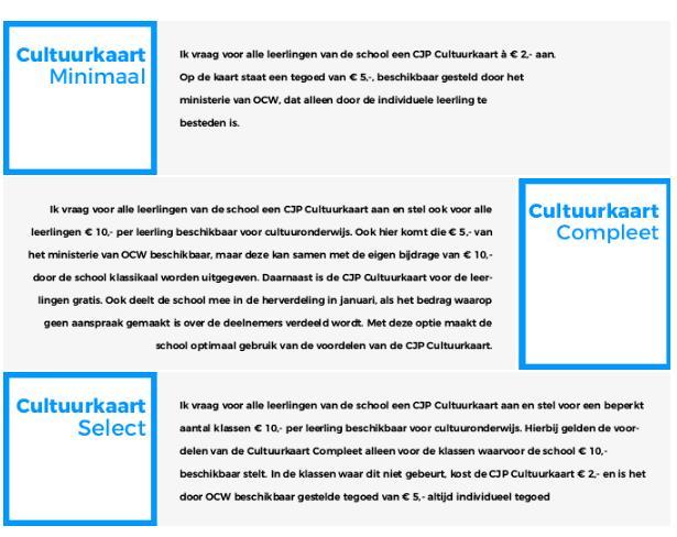 5. Vink aan hoe de school wil deelnemen. Het belangrijkste verschil tussen de drie mogelijkheden is het voordeel dat de school heeft.