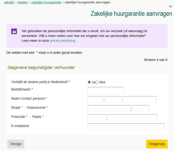 4.1 4.2 4.3 4.4 4.5 4.6 4.1 Verblijft de andere partij in Nederland? 4.3 Naam contact persoon Geef hier aan of de begunstigde/verhuurder in Nederland verblijft.