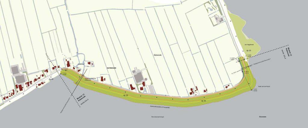 94 van 255 Module 12 - Katwoude Module 12 is weergegeven in figuur 98. Op blad 15 van de Basiskaart is een grotere figuur opgenomen van de module, inclusief de maatgevende profielen.