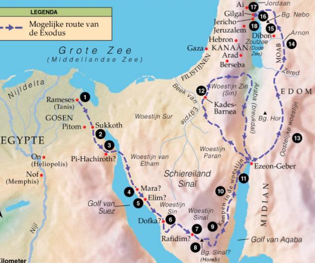 Maand 8 week 1: Doortocht door de Schelfzee. Lees eerst het Bijbelverhaal in Exodus 13:17-15:1 en 15:19-21 - Doortocht door de Schelfzee. Landkaart van de reis.