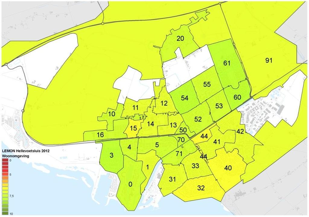 Er zijn elf buurten waarvan de bewoners de kwaliteit van de woningen met een lager cijfer beoordelen dan gemiddeld in de gemeente het geval is.