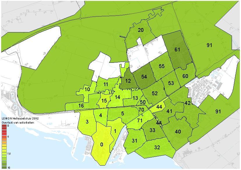 LET OP: LAAG CIJFER = VEEL OVERLAST, HOOG CIJFER = WEINIG OVERLAST OVERLAST ACTIVITEITEN 2010 2012 2010 2012 TOTAAL HELLEVOETSLUIS 8,4 8,3 33. Hooghen hoeck 8,9 8,7 0. De vesting 5,4 6,8 40.