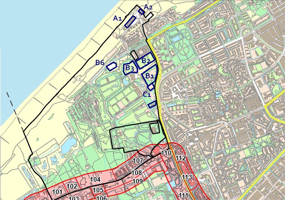 Figuur 2, ontwikkelingen binnen het plangebied, in blauw gemarkeerd en genummerd volgens aanduiding in tabel 1 Bij het uitvoeren van het onderzoek naar de gevolgen van het bestemmingsplan voor de