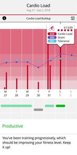 Je kunt de opbouw van je cardiobelasting in de Flow app bekijken door op het pictogram met de drie