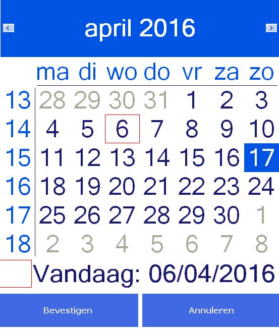 SR.NET - GLOBALE GEGEVENS SELECTEREN 9.4.6. Kies een datum naar wens en druk op de toets Bevestigen.