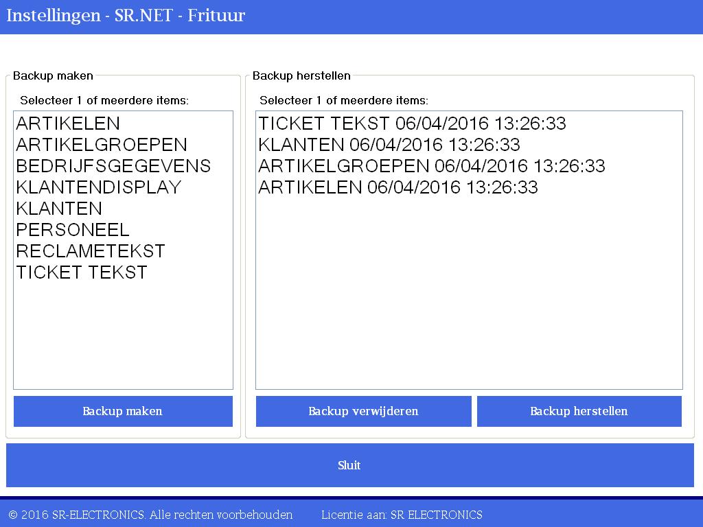 SR.NET - BACKUP(s) beheren 10.2 Backup herstellen U kunt gegevens waar u een backup van gemaakt heeft herstellen via de optie Backup herstellen. 10.2.1 Klik in het scherm Instellingen op de toets Backup maken/herstellen.