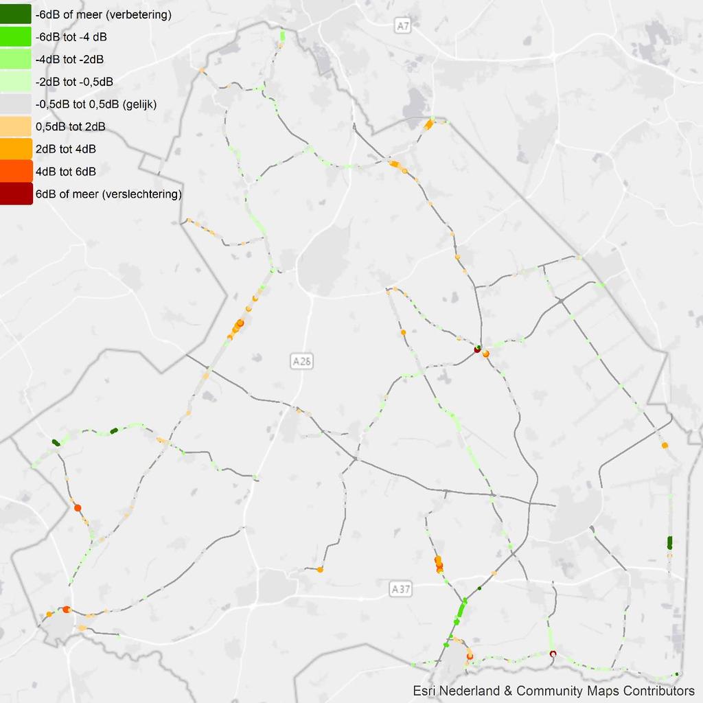 4.3 Verschillen geluidsbelasting In figuur 4.4 zijn de verschillen op pandniveau zichtbaar tussen 2011 en 2016 (nieuwe rekenmethode) voor de gehele provincie Drenthe.