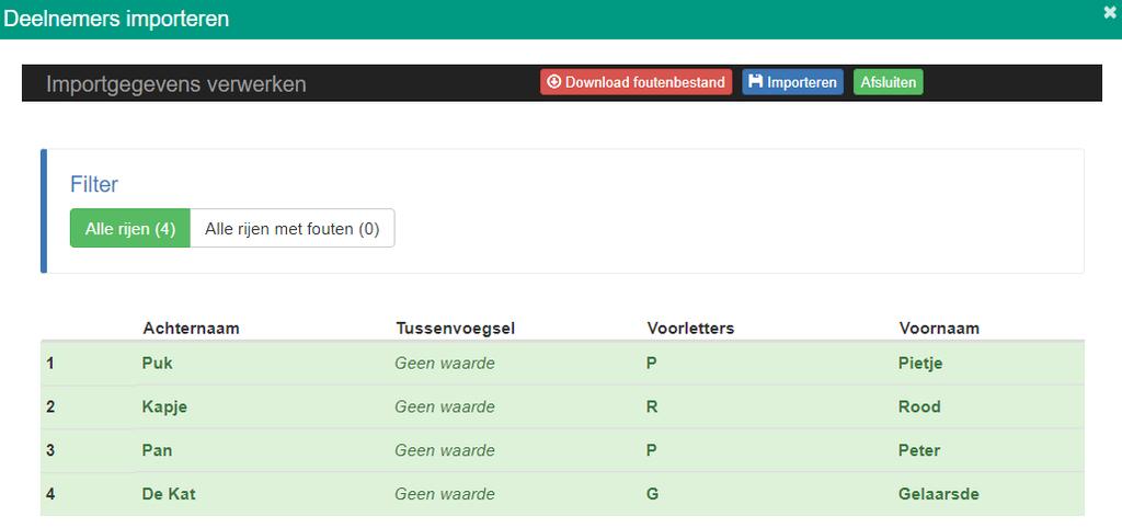 Als u de gegevens in het Excel-format heeft ingevoerd kunt het bestand uploaden in het systeem op de volgende manier: 1. Klik links op Accountgegevens 2. Klik op de knop Deelnemers importeren 3.