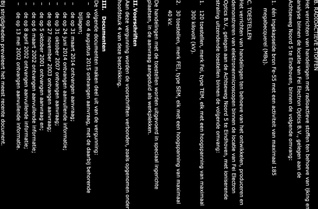 B. RADIOACTIEVE STOFFEN Het verrichten van handelingen met radioactieve stoffen ten behoeve van ijking en analyse binnen de locatie van Fei Electron Optics B.V., gelegen aan de Achtseweg Noord 5 te Eindhoven, binnen de volgende omvang: 1.