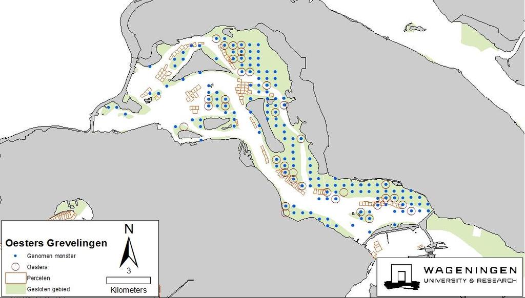 Figuur 1. Bemonsterde locaties in het Veerse meer in 2017 (182 in totaal). Er wordt onderscheid gemaakt tussen twee verschillende strata (V = oranje en VI = blauw).