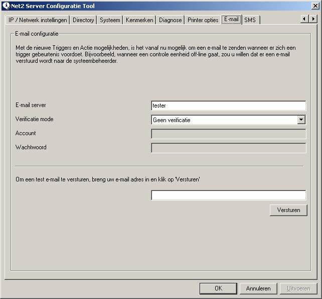 Net2 Als de teste-mail mislukt, controleer dan of er geen antivirussoftware is die de geconfigureerde poort blokkeert.